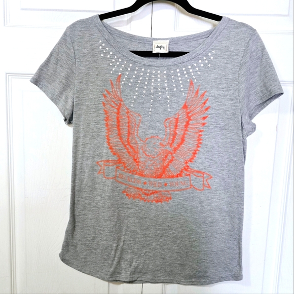DAYTRIP Women's Size Medium Grey & Orange Rhinestone Chest Stretchy T-shirt - Picture 1 of 2